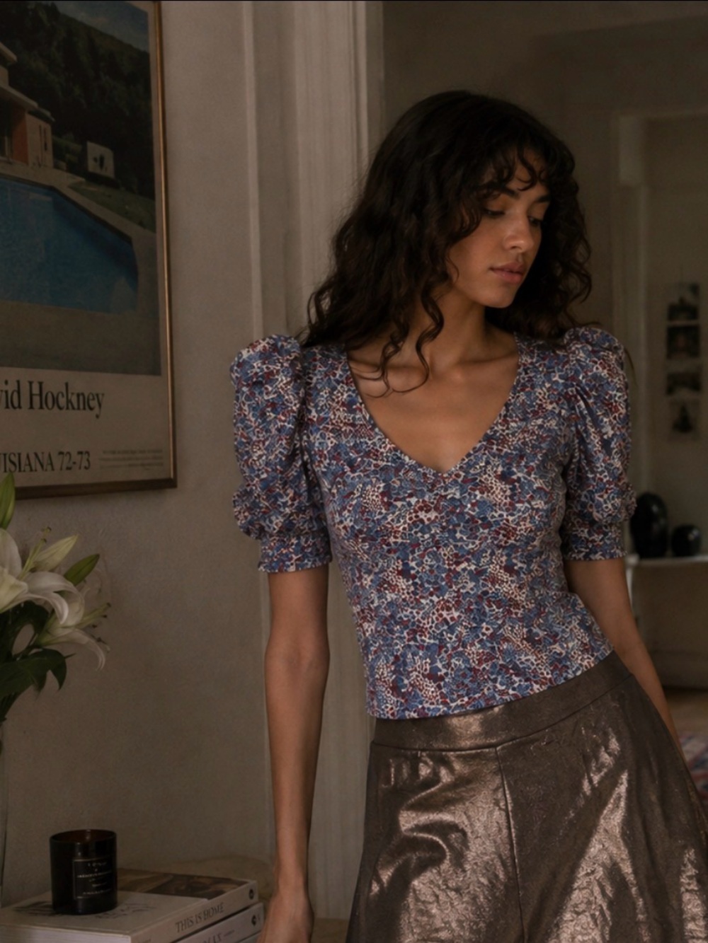 Nation LTD Blue Multi Floral Puff Sleeve Short Sleeve Tee